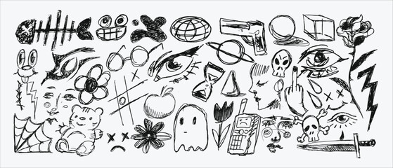 Messy textured scribbles and anti-design doodles vector illustration set isolated on white background