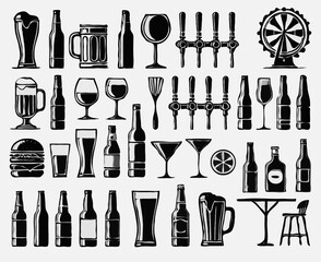 Set of hand drawn drinks icons. Cocktails and drinks set. Black and white illustration, drinks and food. Cocktail, Alcohol, Bottles and glasses, beer, whiskey, cognac, whiskey, wine, whiske