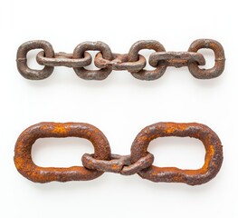 Fototapeta premium Rusty chain links, isolated on white background, industrial texture, for design
