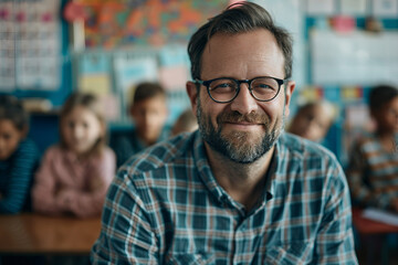 Obraz premium A teacher stands in front of classroom, AI generated image