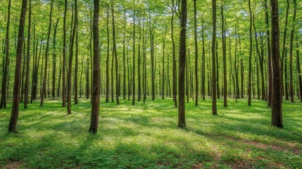 Obraz premium Sunlit Green Forest Trees Canopy Spring