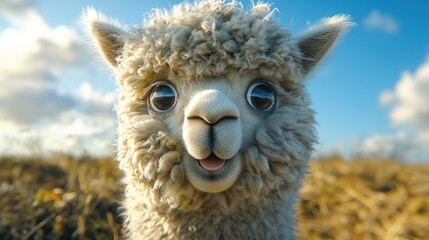 Obraz premium Adorable Fluffy Alpaca Close up Portrait Happy Expression Sunny Outdoors