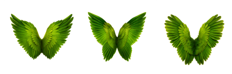 Set of three green angel  wings cut-out isolated on a transparent background