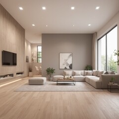 Fototapeta premium A spacious living room with high ceilings, decorated in neutral tones like white, gray, and beige. The floor is light wood, The ceiling is clean and ready to add recessed lighting. 