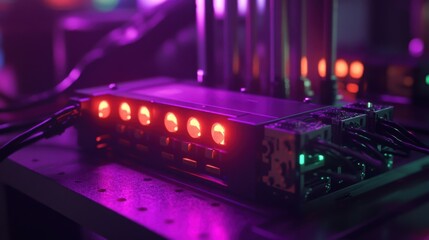 A closeup of a wireless distribution point with multiple signal indicators surrounded by various industrial tools showcasing the versatile applications of 5G connectivity in manufacturing.