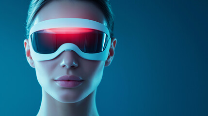 Frau mit futuristischen VR-Brille, rote Leuchte, blauer Hintergrund, Technologie, Innovation