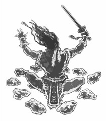 SHAMAN warrior with sword & levitating STONES 