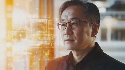 Thoughtful business professional contemplating technological advancements with a digital overlay of data patterns for future innovation concepts