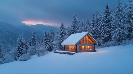 Fototapeta premium Cabin in a snowy mountain forest at dusk, warm and cozy winter scene 