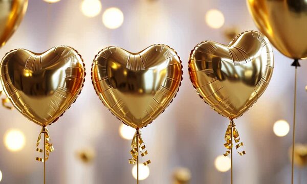 Golden heart balloons in festive celebration with bokeh background