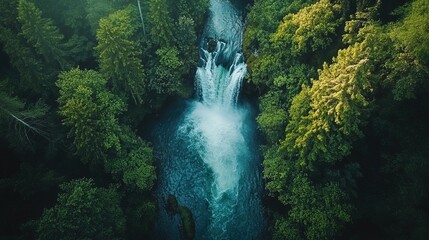 Aerial view of waterfall cascading through lush jungle, natural and refreshing