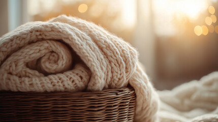 A cozy knitted blanket folded neatly in a wicker basket, with a soft, neutral-toned background and warm lightin