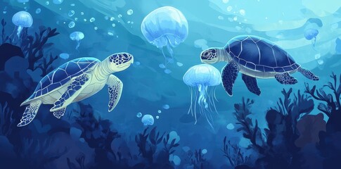 Fototapeta premium Two Sea Turtles Swim Amidst Jellyfish and Coral