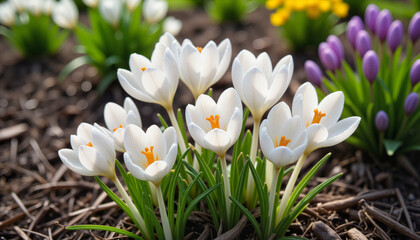 Delicate white crocus flowers blooming in a landscaped garden during springtime