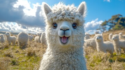 Obraz premium Happy Alpaca in Field with Herd Fluffy White Alpaca Smiling Sunny Day