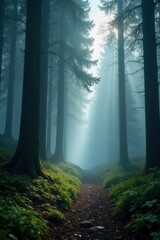 Naklejka premium Fog shrouds the forest floor amidst towering trees, tree, cloudy