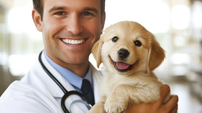 A cuddly puppy held by a smiling veterinarian in a clean clinic, with soft lighting and a friendly, welcoming vibe