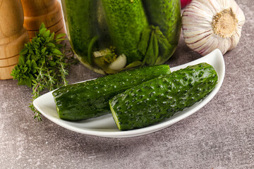 Homemade lighty salted cucumbers with herbs