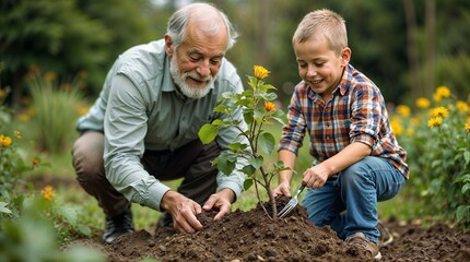 Fototapeta premium A grandfather and his grandson collaborate to plant a tree in the garden.