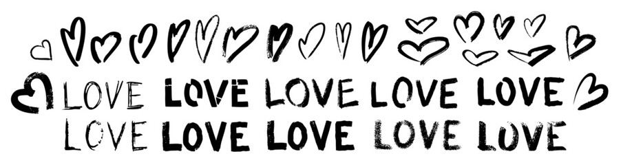 Vector word love, artistic word love and linear heart  in grunge style, Vector Valentines Day Hand Drawn lettering. Heart Holiday Design, love decor for web, wedding and print, Vector hearts set. 