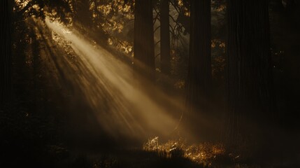 Obraz premium Golden Sunlight Beams Through Redwood Forest