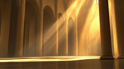 Golden Sunlight Illuminates Ancient Hallway Columns