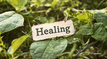 Healing text on natural green leaves background with copy space. Perfect for wellness programs, therapeutic services advertising and mental health recovery content.
