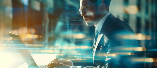 In a modern office space, a business professional is focused on typing on a laptop, surrounded by a futuristic overlay, demonstrating their techsavvy skills and forwardthinking approach to work