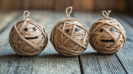 Natural twine balls on rustic wooden surface. Represents therapeutic tools in art therapy and creative counseling sessions.
