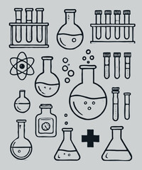 Adobe Illustrator Artwork, Laboratory glassware, test tubes, microscope, flask, flasks. Science icons set, doodle style, illustration.  Illustration of a set of lab equipment. Chemistry icons set. 
