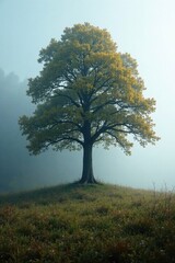 Fototapeta premium Fog slowly wraps around the base of a lone tree, forest, nature