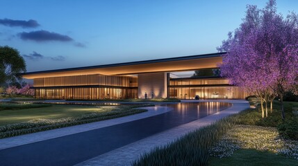 Modern Architectural Design Evening Landscape Featuring Illuminated Building