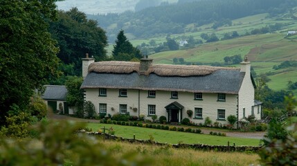 Thatched cottage, valley view, rural landscape,  peaceful scene, travel brochure