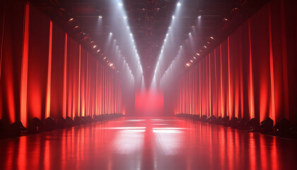 Fototapeta premium Fashion runway with lighting equipment and event production setup, capturing the essence of a fashion show in an elegant and transparent background setting -