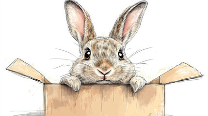 Obraz premium A playful illustration of a Flemish Giant rabbit sitting inside a box, with large, curious eyes and exaggerated whiskers, drawn in a whimsical, child-friendly style