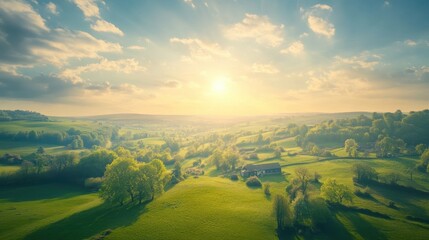 Fototapeta premium Serene Sunset Over Rolling Green Hills Farmhouse