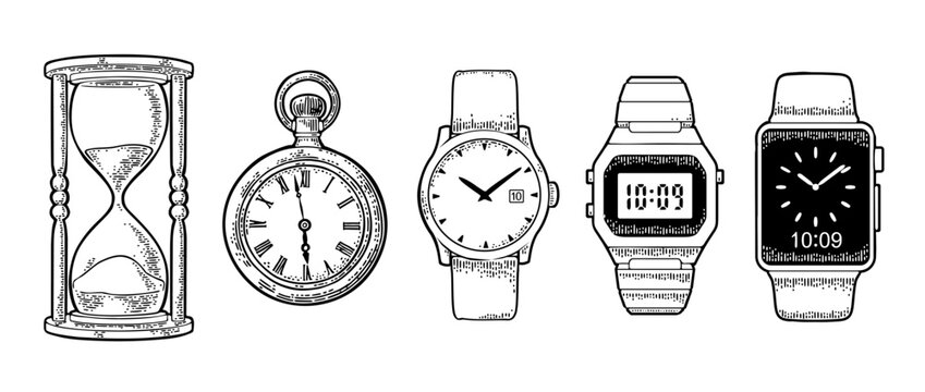 Electronic and mechanical metal wristwatch, smart and antique pocket watch, retro hourglass. Vintage vector engraving illustration for info graphic, poster, web. Isolated on white