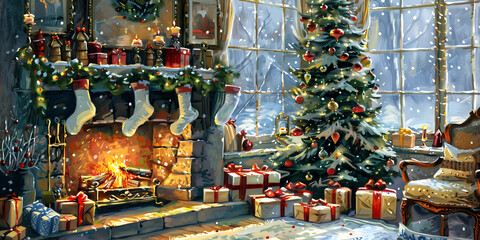 Holiday Cheer with Christmas Tree, Fireplace, and Presents Under Stockings