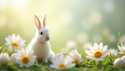 Fototapeta premium White easter bunny sitting in field of daisies and eggs
