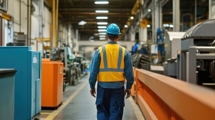 A safety officer conducts a walkthrough in the factory equipped with AR specs that highlight emergency exits and active workflows. Safety compliance indicators appear visibly alongside