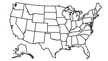 A simple, black and white outline map of the United States of America without labels, showcasing the borders and shapes of each state, perfect for educational use.