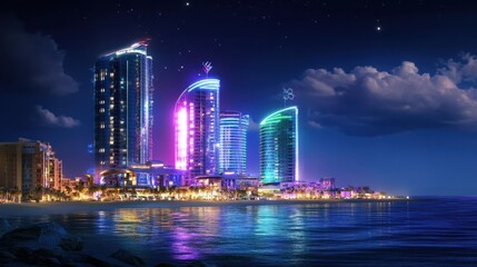 Nighttime Beachfront Resort with Illuminated Skyscrapers