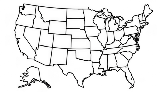 A simple, black and white outline map of the United States of America without labels, showcasing the borders and shapes of each state, perfect for educational use.