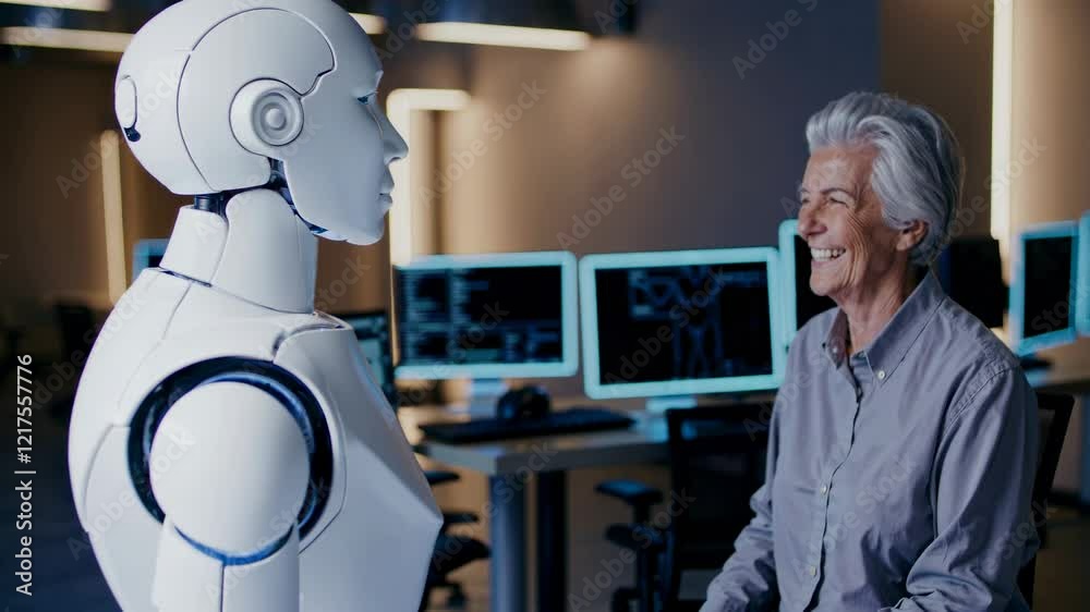 Poster interaction between a human and a robot in a high-tech workspace with multiple screens and digital d
