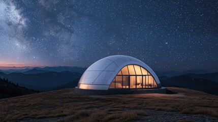 A modern dome-shaped structure sits on a hillside under a starry night sky, illuminated warmly, surrounded by mountains and nature's beauty.