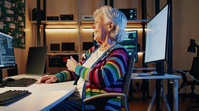 Elderly woman coding in a tech-filled workspace at night with vibrant lighting
