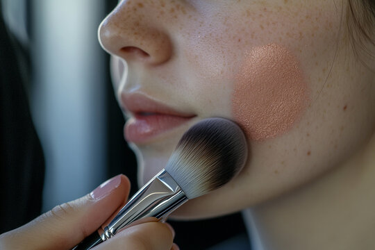Beauty application during makeup session with focus on blush using brush by a skilled artist in a modern setting