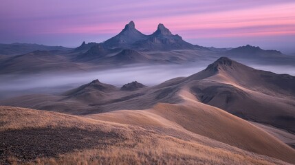 Majestic Mountainscape at Dawn Soft Hues and Misty Valley