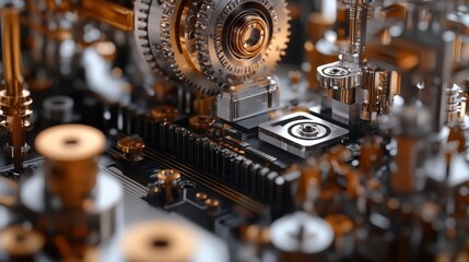 An intricate closeup of edge computing devices positioned alongside traditional machinery emphasizing their role in processing data closer to the source in a 5G context.