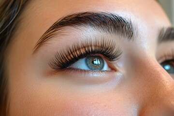 Close-up view of a woman's eye showcasing dramatic eyelashes and defined brows with a soft focus on her features